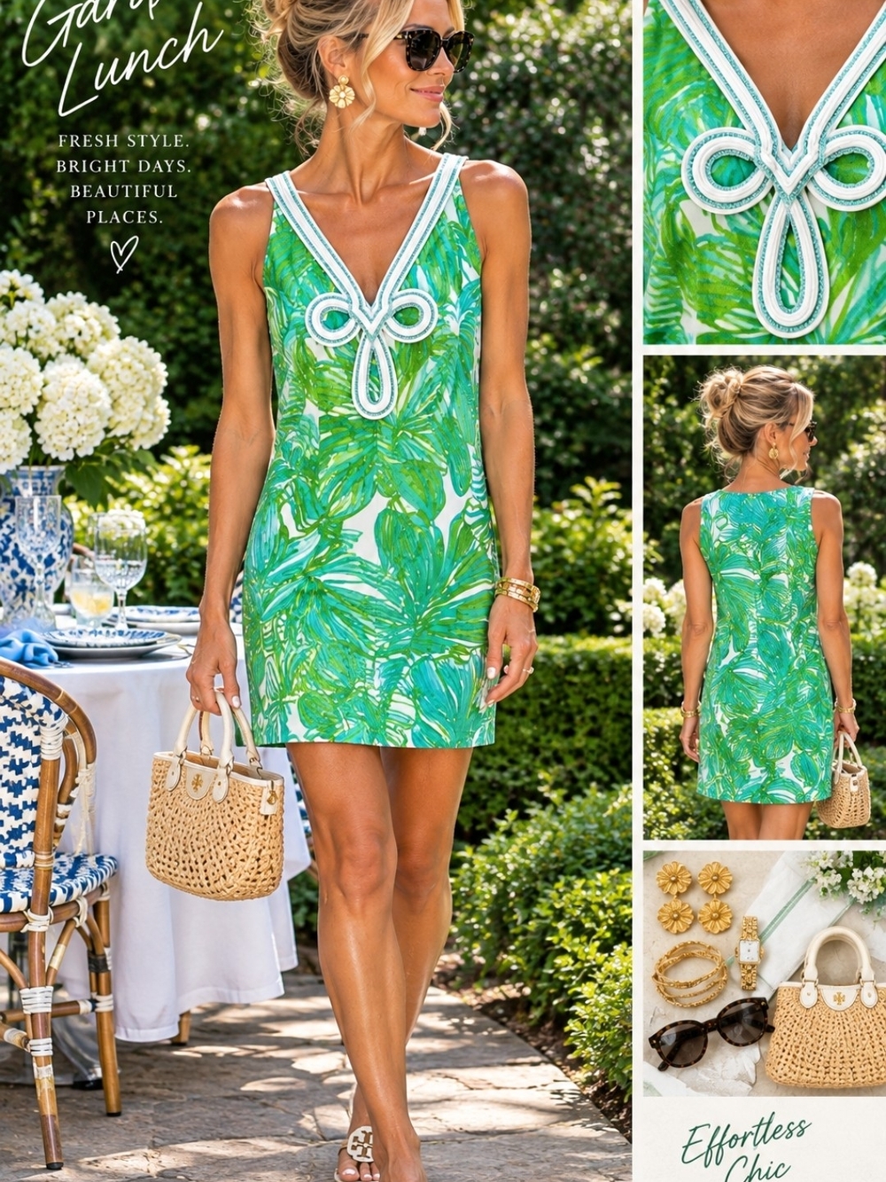 Lilly Pulitzer Green Palm-Print V-Neck Mini Dress
